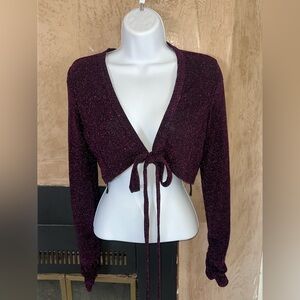 Haute Monde Sparkly Deep Plum Tie Front Crop Top - Size Small